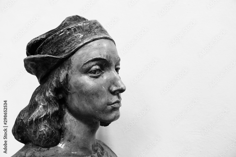 Bust of Raffaello Sanzio, known as Raphael. Copy space on the background.