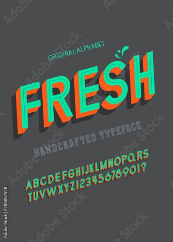 Slanted 'Fresh' Vintage 3D Sans Serif Font. Colorful Alphabet