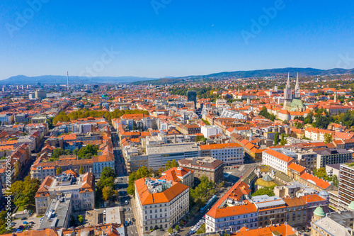 Aerial drone view of city centre on sunny summer day, Zagreb, Croatia