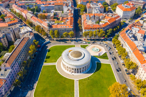 Aerial drone view of Mestrovic pavilion, monumental art gallery and city centre on sunny summer day, Zagreb, Croatia photo