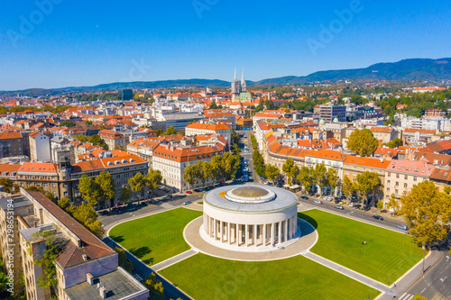 Aerial drone view of Mestrovic pavilion, monumental art gallery on sunny summer day, Zagreb, Croatia photo