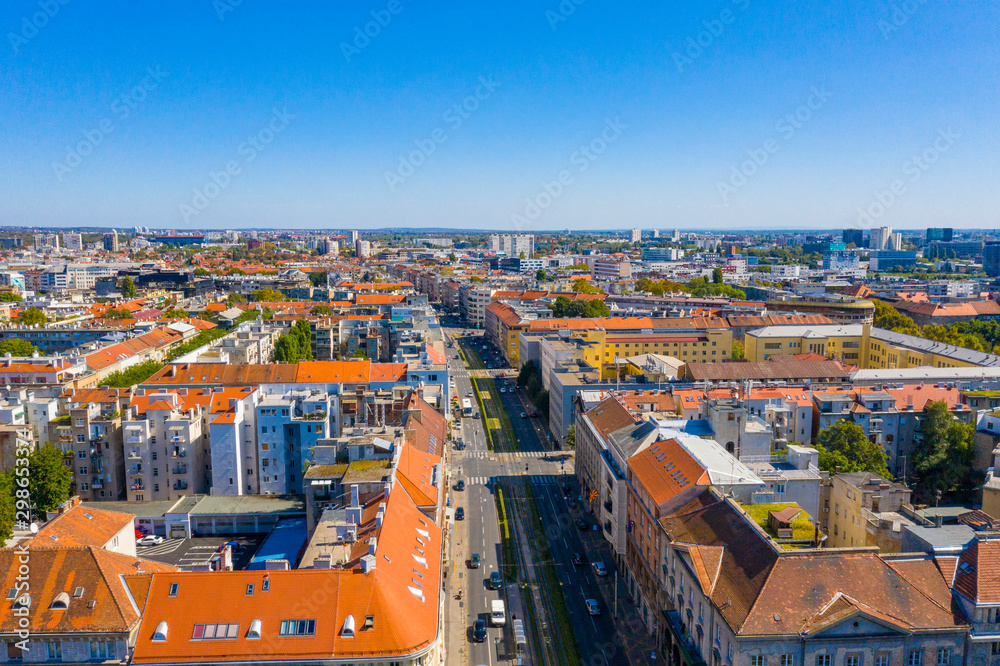 Obraz premium Aerial drone view of cathedral and city centre on sunny summer day, Zagreb, Croatia