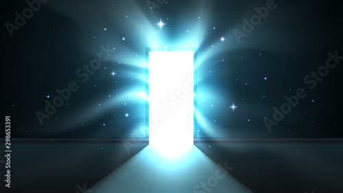 Light from the open door of a dark room, attractive hypnotic light tentacles, abstract mystical glowing exit. Open door template, background, mock up