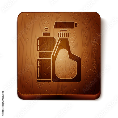 Brown Plastic bottles for liquid laundry detergent, bleach, dishwashing liquid or another cleaning agent icon isolated on white background. Wooden square button. Vector Illustration