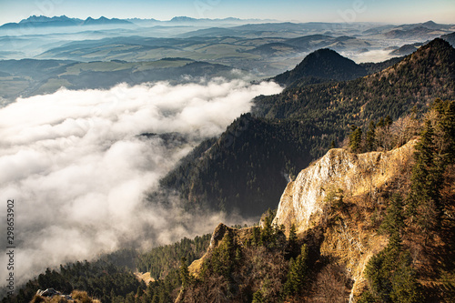 Fototapeta Naklejka Na Ścianę i Meble -  Autumn mountains in fog - view form the top