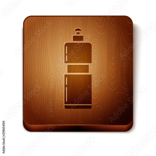 Brown Plastic bottle for liquid laundry detergent, bleach, dishwashing liquid or another cleaning agent icon isolated on white background. Wooden square button. Vector Illustration