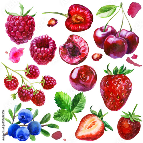 Fototapeta Naklejka Na Ścianę i Meble -  Watercolor illustration, set. Raspberries, raspberries on a branch, strawberries, cherry berries, cherry bone, cherry berries on a branch, blueberries on a branch, pink spots.