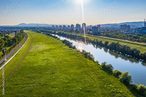 Aerial drone view of Sava river on sunny summer day, Zagreb, Croatia