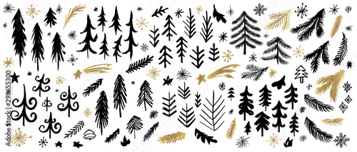 Naklejka Nowy Rok, gałęzie choinkowe czarne pociągnięcia pędzlem szkic markery długopis. Boże Narodzenie różne gwiazdy kolekcja mróz płatki śniegu. Ręcznie rysowane ilustracji wektorowych.