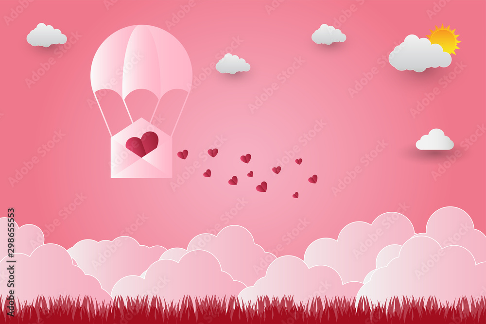 Valentine's day balloons in a heart shaped flying over grass view background, paper art style. vector illustrator