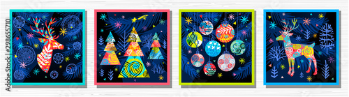 Happy New Year, Merry Christmas, Noel colorful greeting banner. Christmas tree branches decoration ball snowflakes frost stars deer ornament pattern. Hand drawn vector illustration.