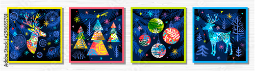 Happy New Year, Merry Christmas, Noel colorful greeting banner. Christmas tree branches decoration ball snowflakes frost stars deer ornament pattern. Hand drawn vector illustration.