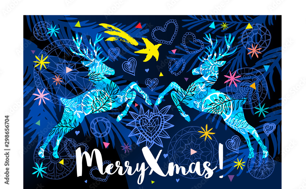 Happy New Year lettering greeting card. Christmas tree branch colorful deer decor. Seasons decoration snowflakes design pattern, packaging, cover, banner. Hand drawn vector illustration.