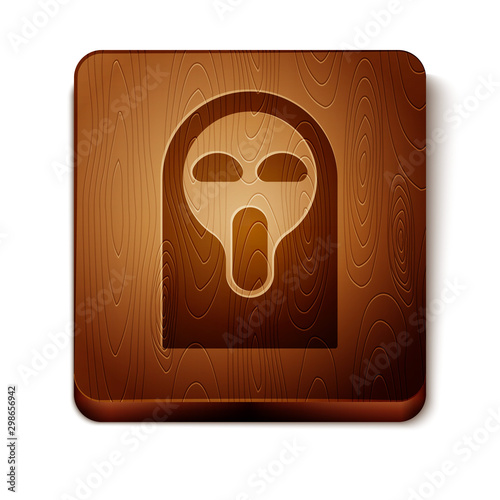 Brown Funny and scary ghost mask for Halloween icon isolated on white background. Happy Halloween party. Wooden square button. Vector Illustration