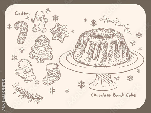 Wintertime and Christmas pastries, cookies, bundt cake. Vintage style vector illustration for menu, poster or other use.