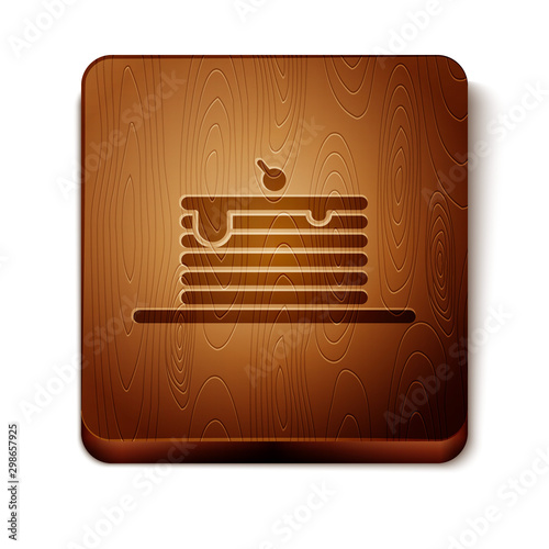 Brown Stack of pancakes icon isolated on white background. Baking with syrup and cherry. Breakfast concept. Wooden square button. Vector Illustration