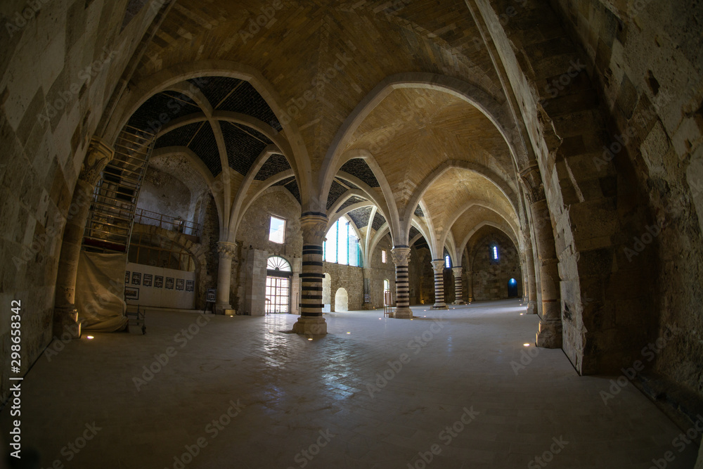 Internal view of the Castello Maniace in Ortigia island at city of Syracuse, Sicily, Italy. fisheye