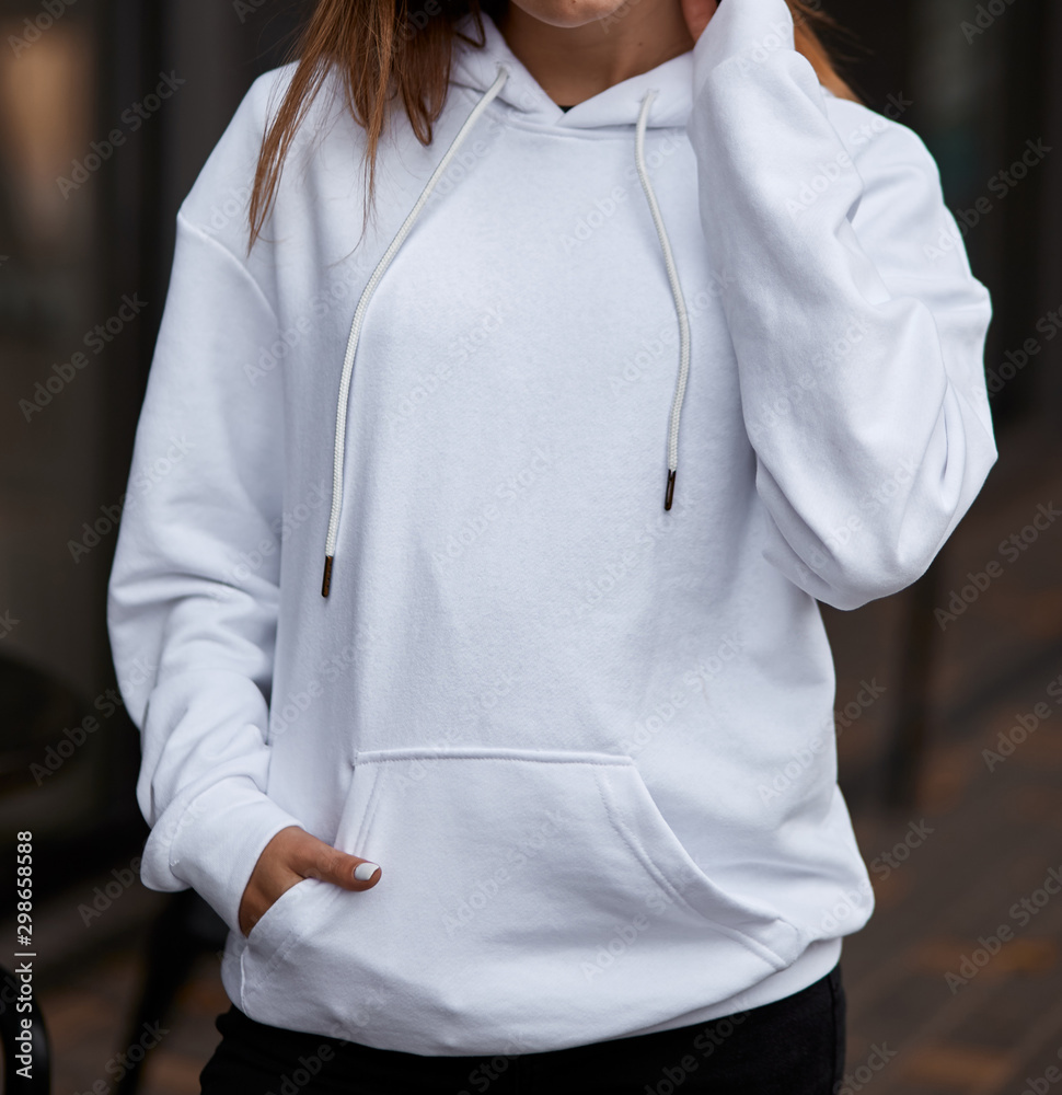 young girl wears white hoodie Stock Photo Adobe Stock