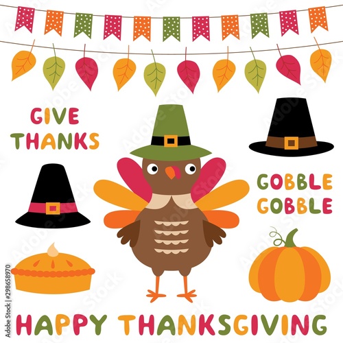 Thanksgiving symbols cartoon set - a turkey, hats