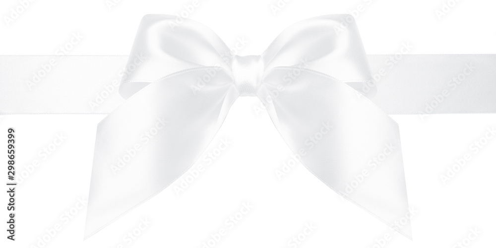 White ribbon with gift bow isolated on white. Festive bow of white shiny satin ribbon and line of ribbon - obrazy, fototapety, plakaty 