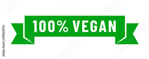 100% vegan lettering on green ribbon. Organic, bio, eco symbol. Vegan, no meat, lactose free, healthy and nonviolent food. Vector illustration of green ribbon for stickers, labels and logos