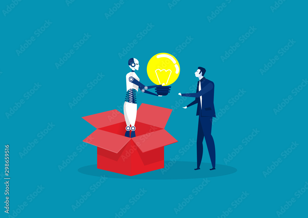robot give light bulb to businessman vector robot give light bulb to businessman vector