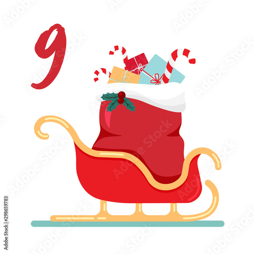 Vector Christmas advent calendar. Winter holidays poster with date 9 december. Cute day decoration. Santa Claus sleigh with a bag of gifts.