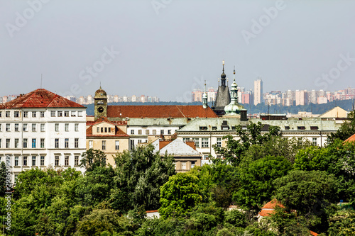 View over the rooftops and houses in the district of Vysehrad in Prague.