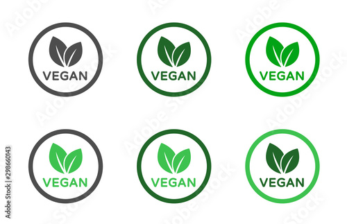 Vegan food diet icon set. Organic, bio, eco symbols. Vegan, no meat, lactose free, healthy, fresh and nonviolent food. Round green vector illustrations with leaves for stickers, labels and logos