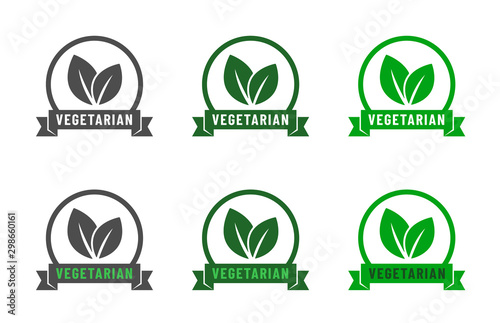 Vegan food diet icon set. Organic, bio, eco symbols. Vegan, no meat, lactose free, healthy and nonviolent food. Round green vector illustrations with ribbon, leaves for stickers, labels and logos