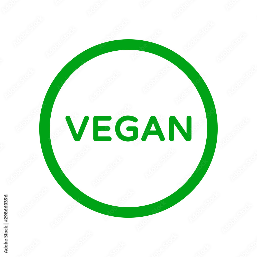 Vegan food diet icon. Organic, bio, eco symbol. Vegan, no meat, lactose free, healthy, fresh and nonviolent food. Round green vector illustration for stickers, labels and logos