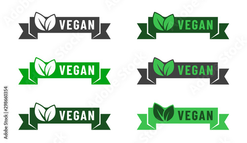 Vegan food diet icon set. Organic, bio, eco symbols. Vegan, no meat, lactose free, healthy, fresh and nonviolent food. Round green vector illustrations with leaves for stickers, labels and logos