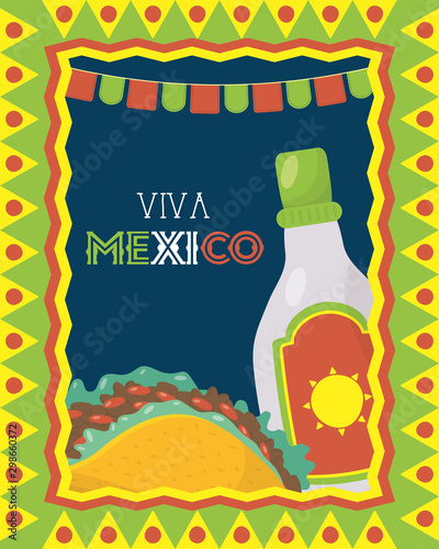 viva mexico celebration with taco and tequila bottle