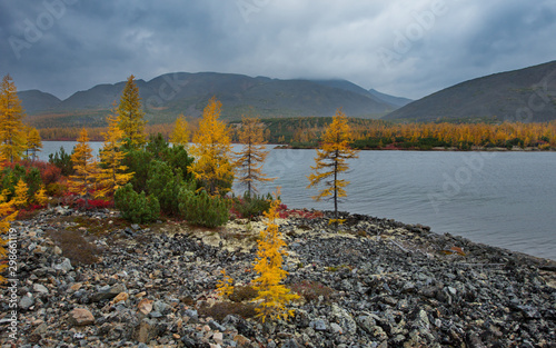 Russia. Magadan. The amazing beauty of the autumn of the Far East. The lake Maxi