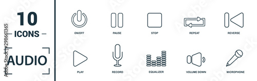 Audio Buttons icon set. Include creative elements play, pause, on off, volume down, repeat icons. Can be used for report, presentation, diagram, web design
