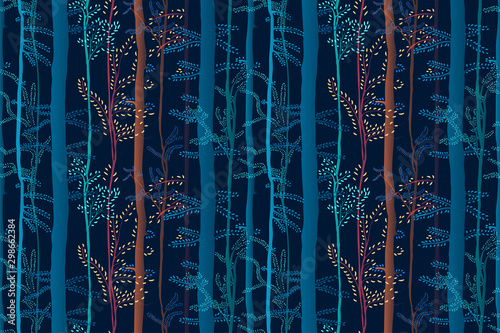 Magic forest seamless pattern. Colorful artistic background with trees. Creative fantastic print with glow effect.  It can be used for wallpaper, textiles, wrapping, card. Vector , eps10.  