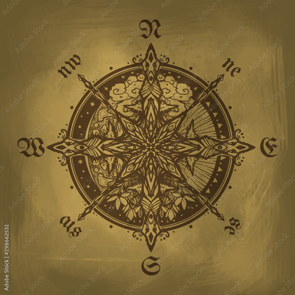 Naklejka premium Illustration with a compass. Graphic drawing with north, west, south, east.