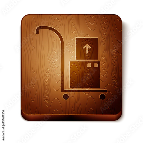 Brown Hand truck and boxes icon isolated on white background. Dolly symbol. Wooden square button. Vector Illustration