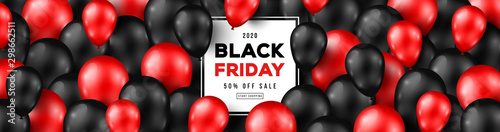 Black Friday Sale Horizontal Banner with Black and Red Shiny Balloons. Square Frame and Place for Text. Vector illustration.