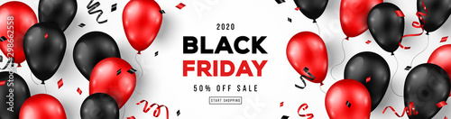 Black Friday Sale Horizontal Banner with Red and Black Shiny Balloons on White Background. Confetti and Place for text. Vector illustration.