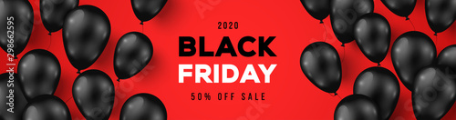 Black Friday Sale Horizontal Banner with Dark Shiny Balloons on Red Background with Place for text. Vector illustration. photo