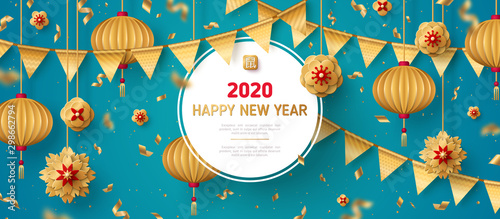 Paper cut flowers, confetti, bunting and gold lanterns on blue background for 2020 Happy Chinese New Year. Vector illustration with circle frame and place for text. Hieroglyph means Rat