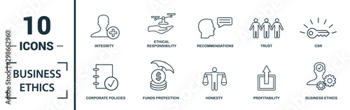 Business Ethics icon set. Include creative elements csr, trust, morality, license to work, profitability icons. Can be used for report, presentation, diagram, web design