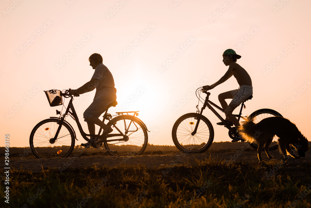 Obraz premium Boy and senior woman riding bikes, dog nearby bicycles, silhouettes of riding persons at sunset in nature