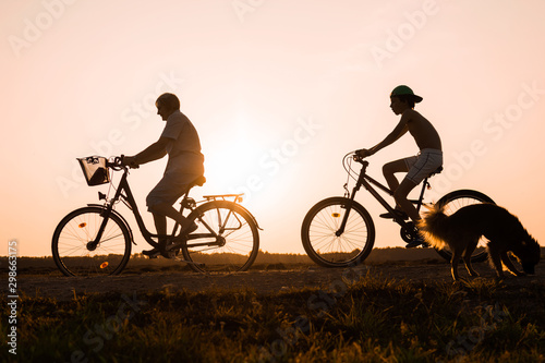 Boy and senior woman riding bikes, dog nearby bicycles, silhouettes of riding persons at sunset in nature