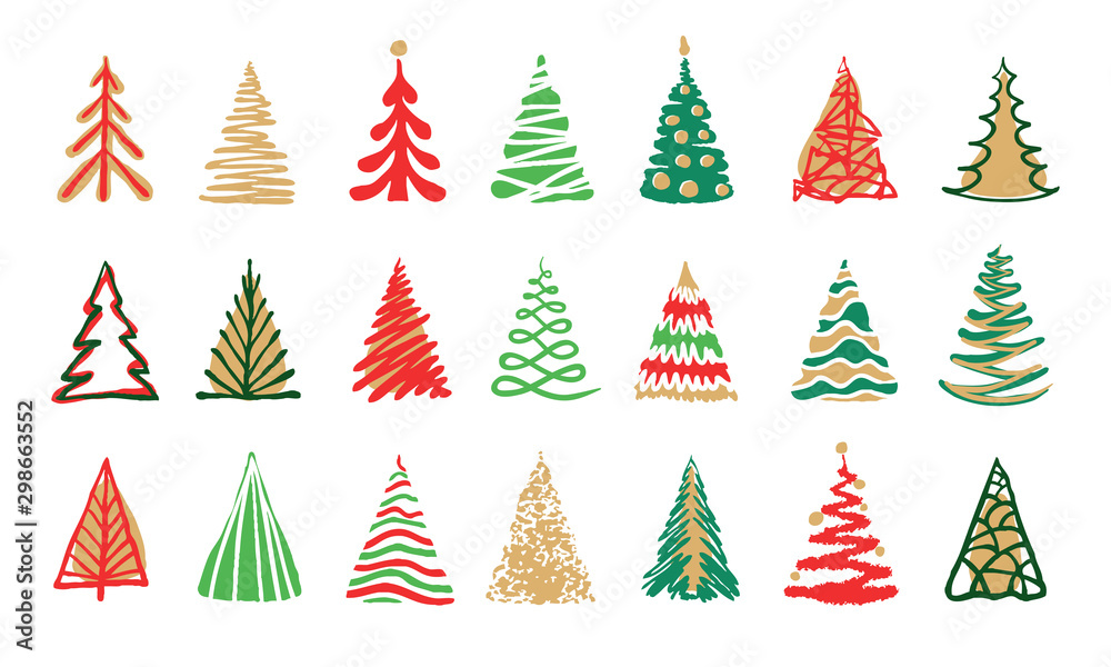 Hand drawn doodle christmas tree set. Red green color sketch style holiday trees. New year vector symbol. Simple artistic line stroke. Many group silhouette decor icons isolated on white background