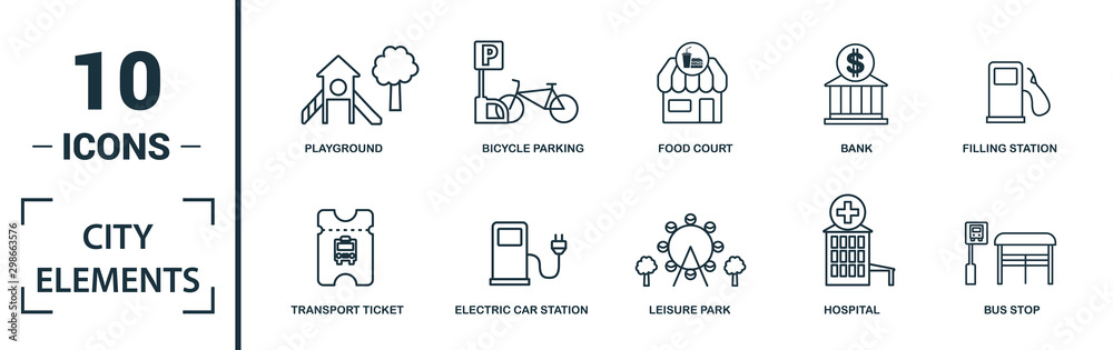 City Elements icon set. Include creative elements restroom sign, public park, bicycle parking, hostel, playground icons. Can be used for report, presentation, diagram, web design - obrazy, fototapety, plakaty 