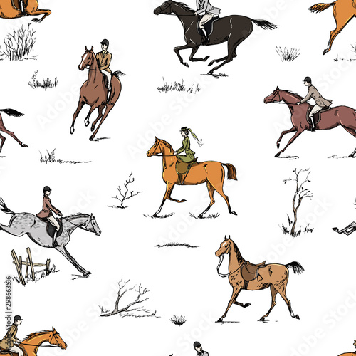 Stampa su tela Equestrian sport fox hunting with horse riders english style on landscape seamless pattern