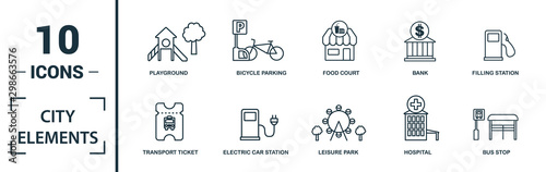 City Elements icon set. Include creative elements restroom sign, public park, bicycle parking, hostel, playground icons. Can be used for report, presentation, diagram, web design