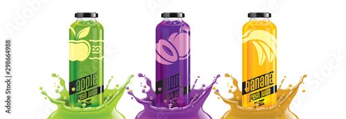 Fruit juice splash bottle set, apple, plum, banana sticker design.